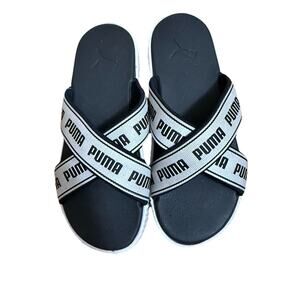 PUMA Women’s Criss-Cross Black & White Slides Sandals Shoes Size 9